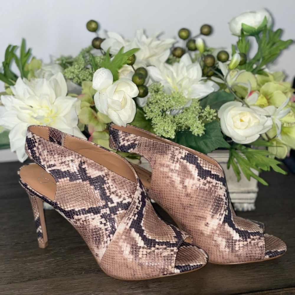 Snake-Print Peep-Toe Slingback Heels - Beige